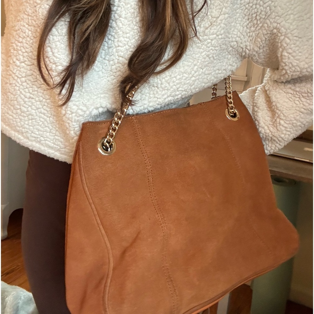Brown Tan Suede Leather Bag with Gold Chain Straps
